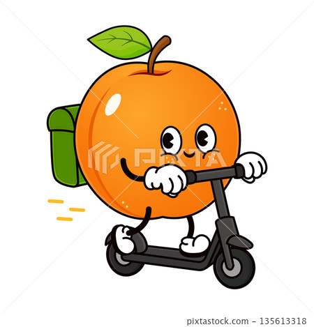 Apricot fruit character delivering food on scooter 135613318