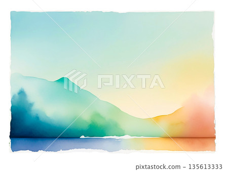 Scandinavian-style watercolor landscape background: fantastic mountain ranges and waterside art 135613333