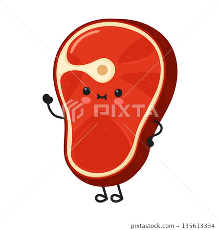 Cute cartoon steak character waving welcoming greeting 135613334