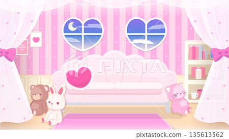 情人節粉紅係可愛房間背景素材，心型窗戶，夜晚 135613562