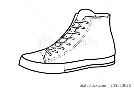 High top canvas sneakers shoe single sketch. Tall lace footwear for urban outfit, denim look, creative wardrobe for man High top canvas sneakers shoe single sketch. Tall lace footwear for urban outfit, denim look, creative wardrobe for man 135613626