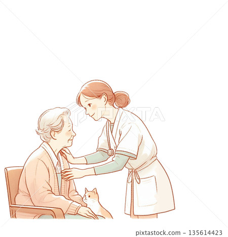 Gentle care illustration of a caregiver caring for an elderly person and a cat (transparent background) Gentle care illustration of a caregiver caring for an elderly person and a cat (transparent background) 135614423