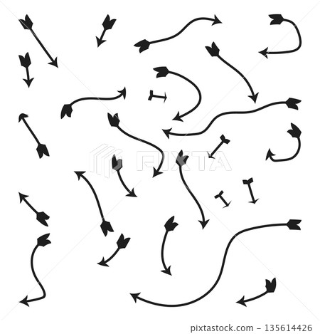 Hand-drawn black silhouette archery arrows and pointers with feathered tails in various curved and straight shapes for creative layout design 135614426