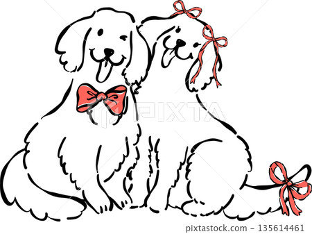 Valentine Dog Outline Couple Golden Retriever sit together Whimsical Hand Drawn 135614461