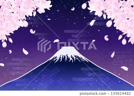 Illustration of cherry blossoms at night and Mt. Fuji_Horizontal 1 135614482