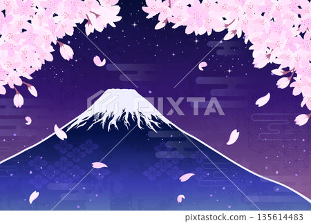 夜幕下的櫻花和富士山插圖_橫版 2 夜幕下的櫻花和富士山插圖_橫版 2 135614483