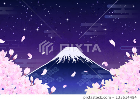 夜幕下的櫻花和富士山插圖_橫版 3 夜幕下的櫻花和富士山插圖_橫版 3 135614484