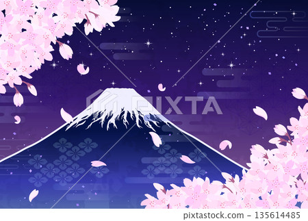 夜幕下的櫻花和富士山插圖_橫版 4 夜幕下的櫻花和富士山插圖_橫版 4 135614485