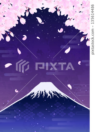 夜幕下的櫻花和富士山插圖_豎版 1 135614486