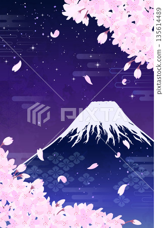 夜幕下的櫻花和富士山插圖_豎版 4 135614489
