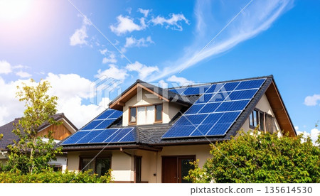 《AI圖像》帶太陽能板的獨立式住宅 生態圖像 135614530