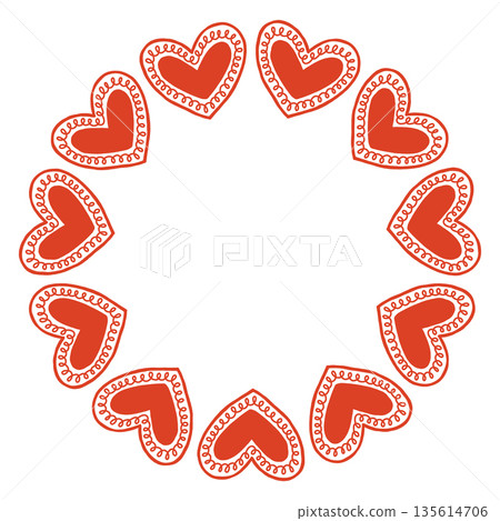Whimsical vector illustration of a circular frame made of decorative folk style hearts. Cute hand drawn doodle design in red and white, perfect for Valentines Day cards, invitations, posters. 135614706