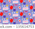 Cute flat seamless Birthday pattern. Party print with festive pink bows, gifts, confetti, cupcakes with candles and white hearts on purple background. Colorful wrapping paper decor for holidays.  135614753