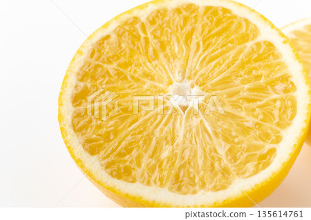 A close-up of the cross section of a sliced hassaku orange A close-up of the cross section of a sliced hassaku orange 135614761