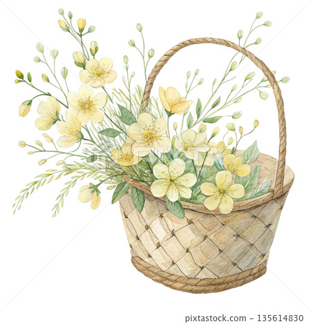 Watercolor illustration of a rustic woven straw basket flower 135614830