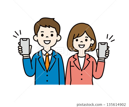 一組向量插圖素材，描繪了年輕的男女商務人士展示和介紹智慧型手機螢幕。 135614902
