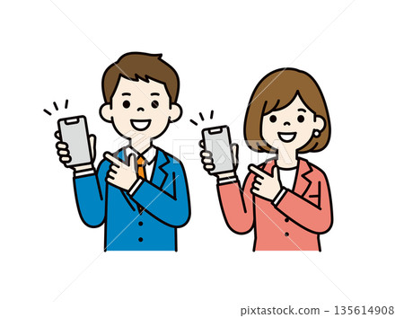 Vector illustration material set of young male and female business people pointing at smartphone screens to teach and introduce 135614908