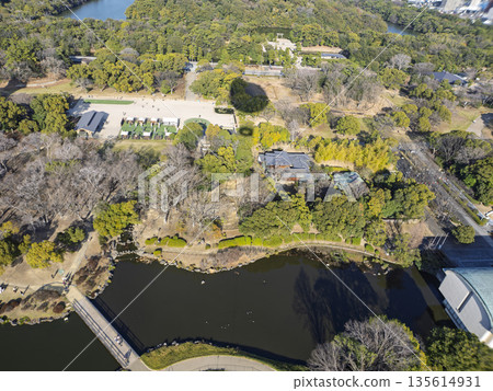 A beautiful winter Japanese garden seen from a hot air balloon A beautiful winter Japanese garden seen from a hot air balloon 135614931