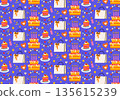 Cute flat seamless Birthday pattern. Party print with festive pink package, gifts, confetti, cupcakes on plate, cakes with candles, hearts on purple background. Wrapping paper decor for holidays. 135615239