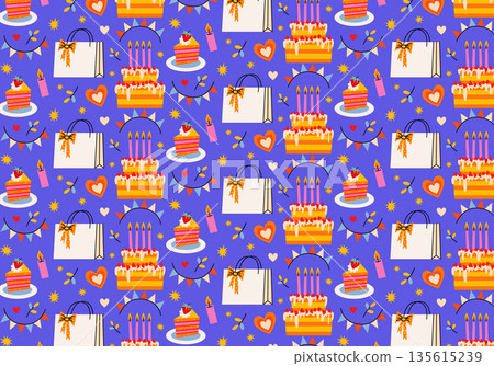 Cute flat seamless Birthday pattern. Party print with festive pink package, gifts, confetti, cupcakes on plate, cakes with candles, hearts on purple background. Wrapping paper decor for holidays. Cute flat seamless Birthday pattern. Party print with festive pink package, gifts, confetti, cupcakes on plate, cakes with candles, hearts on purple background. Wrapping paper decor for holidays. 135615239