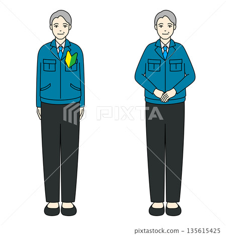 A senior man in work clothes bowing with a beginner's mark 135615425