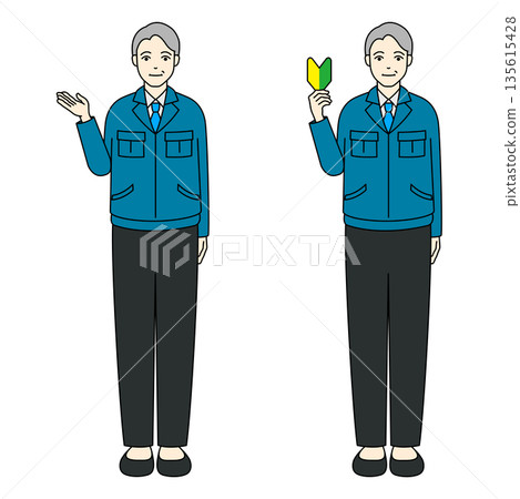 A senior man in work clothes holding a beginner's mark and guiding A senior man in work clothes holding a beginner's mark and guiding 135615428