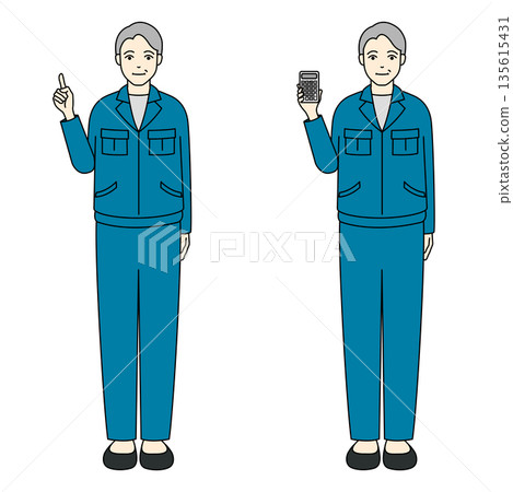 圖：一位身穿工作服的老者指著並拿著計算器 135615431