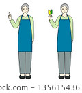 A senior man wearing a blue apron and pointing and holding up a beginner's mark 135615436