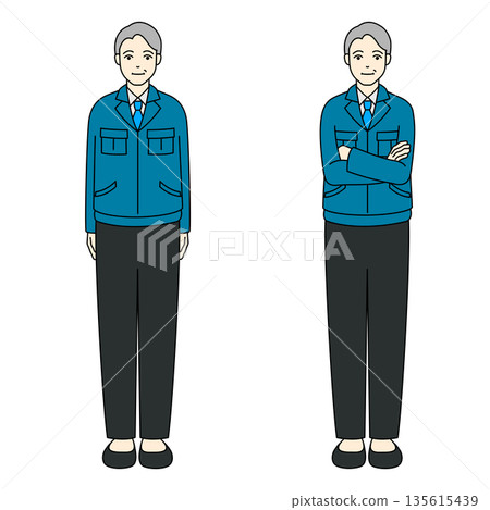 圖解：一位老年男子身穿工作服，雙手交叉站立。 135615439