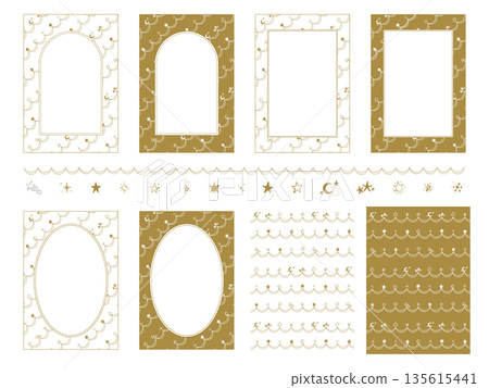 Set of hand-drawn gold frame and border of stars and moons, A4 vertical size, background material 135615441