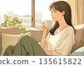 A woman drinking coffee 135615822
