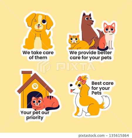 Pets Care Services Label Design In Flat Cartoon Hand Drawn Illustration Style Pets Care Services Label Design In Flat Cartoon Hand Drawn Illustration Style 135615864