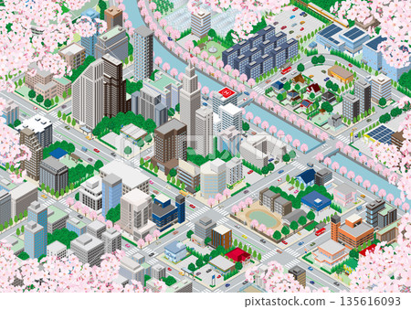 Spring cityscape. 3D cityscape. Spring cityscape. 3D cityscape. 135616093