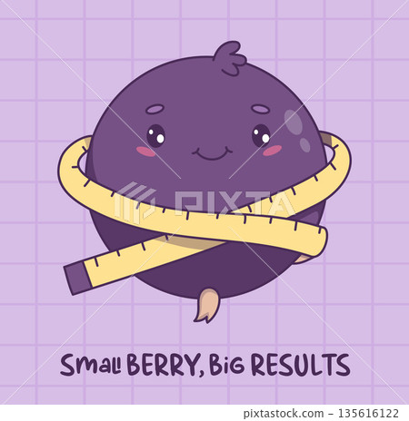Fitness Kawaii Blackcurrant. Cute Berry with Measuring Tape and Motivational Quote. Currant Cartoon Kawaii Character. Vector illustration 135616122