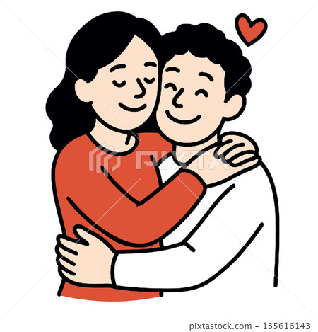 Happy couple embracing smiling with eyes closed expressing love and affection simple cartoon style red and white clothing heart symbol above romantic relationship joyful mood 135616143