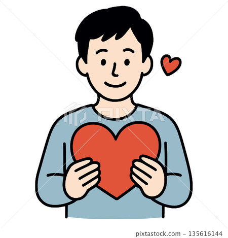 Smiling young man holding red heart symbol expressing love and happiness simple cartoon style isolated on white background cheerful mood positive emotion affection kindness 135616144