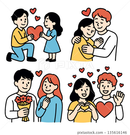 Couple love romance heart happiness relationship affection together cheerful cartoon illustration show couples expressing love and joy with hearts and flowers in cute playful style 135616146