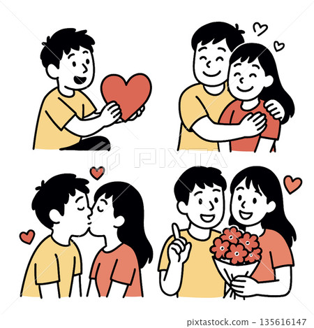 Couple love romance happiness relationship affection together heart kiss flowers smiling emotional cartoon illustration cheerful bonding gift dating friendship joy Couple love romance happiness relationship affection together heart kiss flowers smiling emotional cartoon illustration cheerful bonding gift dating friendship joy 135616147