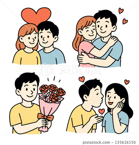 Couple love romance happiness affection relationship together bouquet flowers embrace smiling cartoon illustration heart gift surprise joyful caring sweet emotional young man woman dating hugging Couple love romance happiness affection relationship together bouquet flowers embrace smiling cartoon illustration heart gift surprise joyful caring sweet emotional young man woman dating hugging 135616150