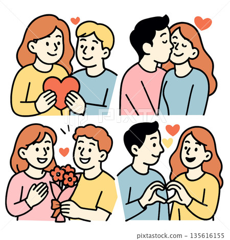Couple love romance happiness heart flower relationship affection together smile cartoon illustration cheerful emotion dating gift friendship young man woman 135616155
