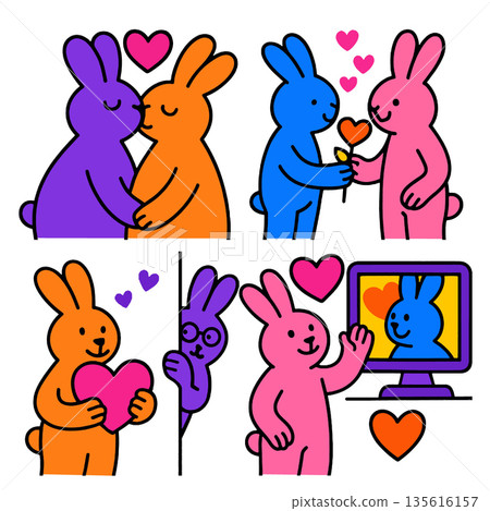Purple rabbit and orange rabbit share kiss, blue rabbit gives heart to pink rabbit, pink rabbit holds heart while purple rabbit peeks, pink rabbit waves blue rabbit screen, all with love theme Purple rabbit and orange rabbit share kiss, blue rabbit gives heart to pink rabbit, pink rabbit holds heart while purple rabbit peeks, pink rabbit waves blue rabbit screen, all with love theme 135616157