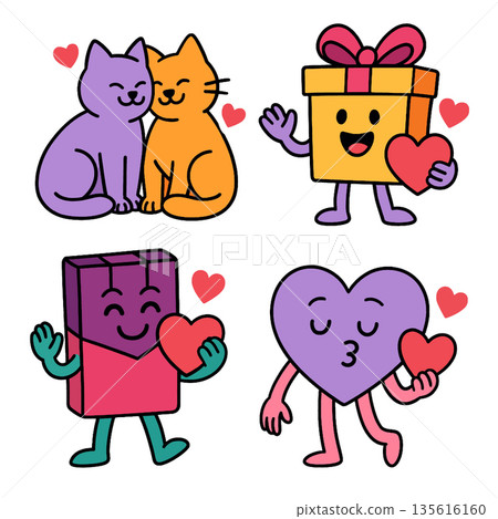 Cute cartoon cats, gift box, chocolate bar, and heart character with happy and loving expressions, holding hearts, surrounded by small red hearts, on white background 135616160