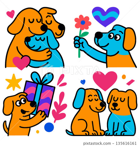 Cartoon dog blue and orange hugging giving flower holding gift sitting together surrounded by hearts stars and abstract shapes expressing love and happiness Cartoon dog blue and orange hugging giving flower holding gift sitting together surrounded by hearts stars and abstract shapes expressing love and happiness 135616161