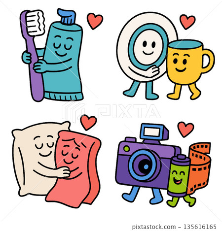 Toothbrush toothpaste plate cup pillow blanket camera and film roll are illustrated as happy loving pairs with hearts expressing friendship and affection in playful cartoon style 135616165