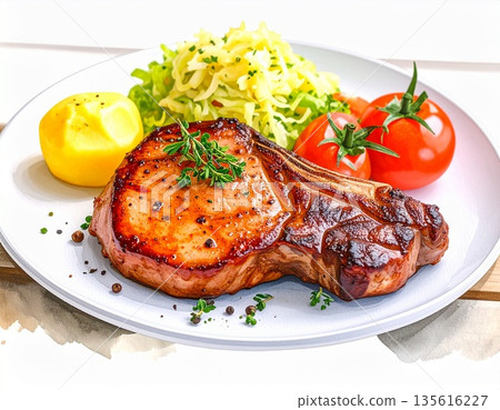 白色盤子上的豬排水彩插圖 135616227