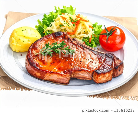 白色盤子上的豬排水彩插圖 135616232
