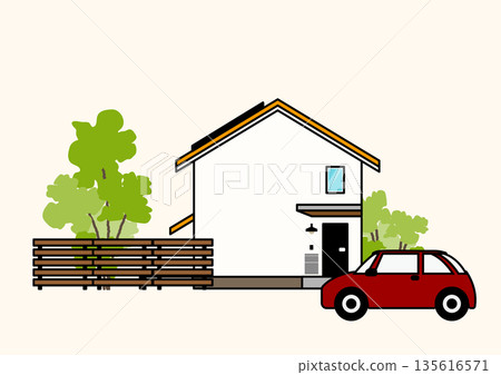 簡單的獨立式住宅外觀插圖,帶有木柵欄和紅色汽車(向量圖) 簡單的獨立式住宅外觀插圖,帶有木柵欄和紅色汽車(向量圖) 135616571