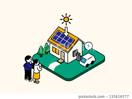 Isometric illustration of a couple touring a high-performance home with solar power and V2H 135616577