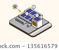 Isometric illustration of a solar panel mounted on a building such as a factory or logistics warehouse 135616579