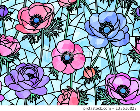 Anemone stained glass seamless pattern C-3 135616822